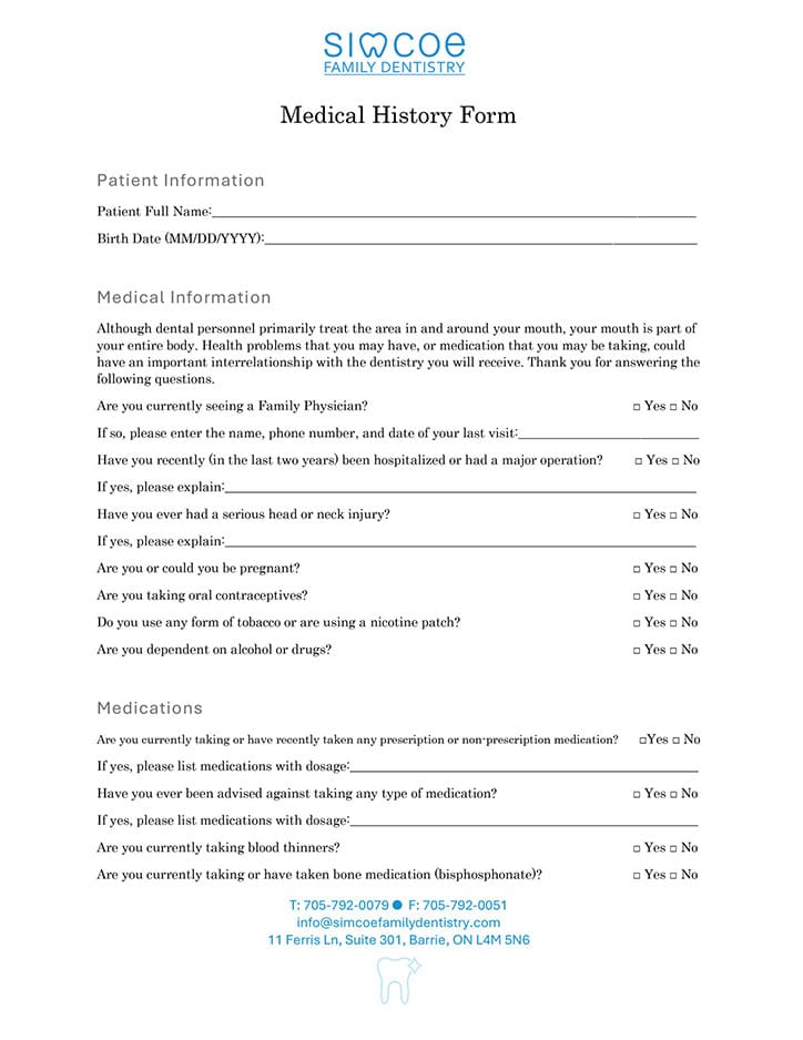 Simcoe Family Dentistry - Medical History Form