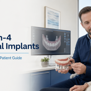 Dentist discussing All-on-4 dental implant options with an adult patient