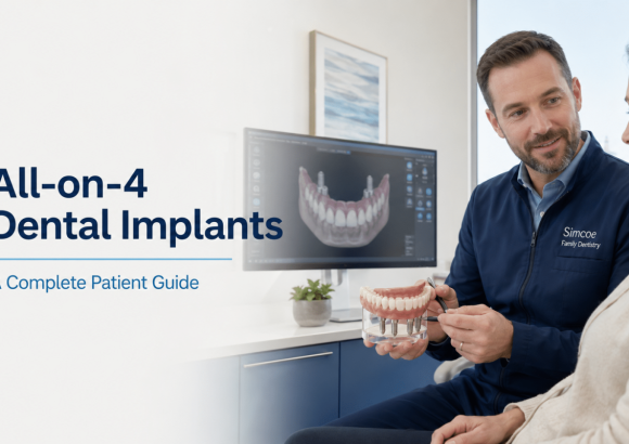 Dentist discussing All-on-4 dental implant options with an adult patient