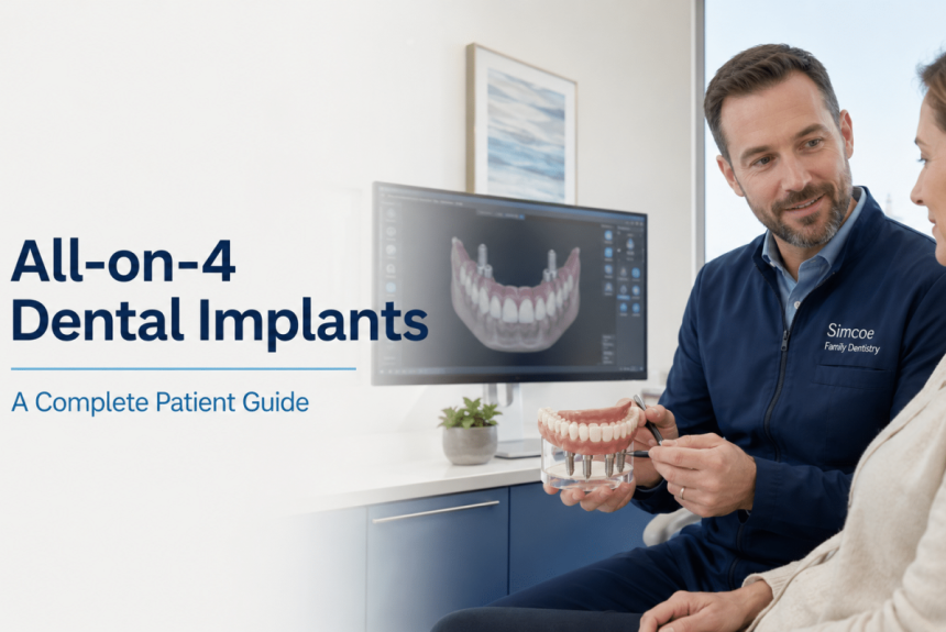 Dentist discussing All-on-4 dental implant options with an adult patient